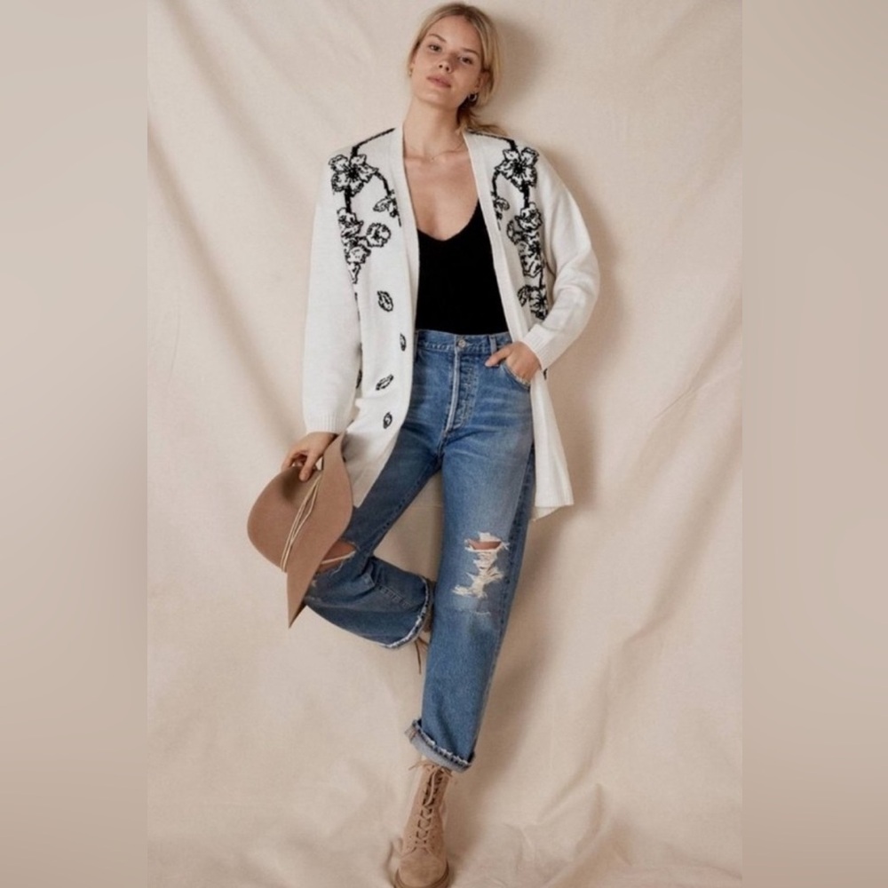 Anthropologie White Cardigan with Black Floral Embroidery